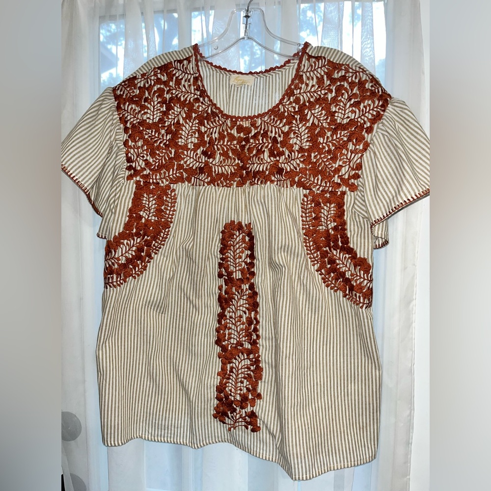 Embroidered Striped Blouse - Rust and White